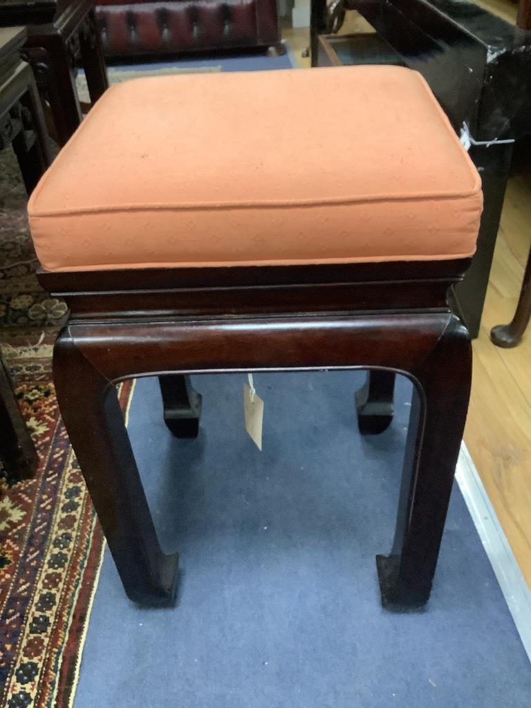 A 20th century Chinese hardwood stool with cushion seat, width 36cm depth 36cm height 57cm